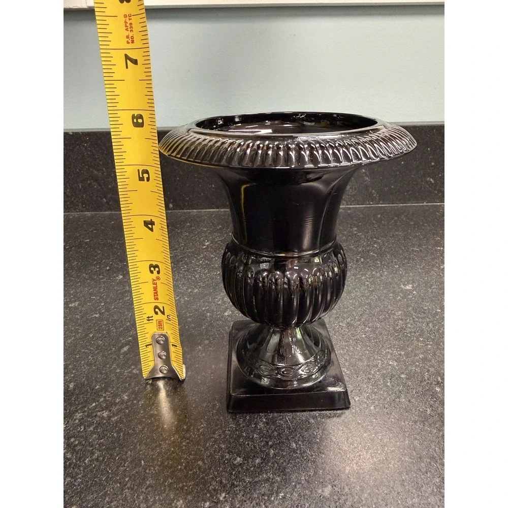 Black Urn Vase Halloween Goth Gothic Decor Glossy Pedestal 5.5